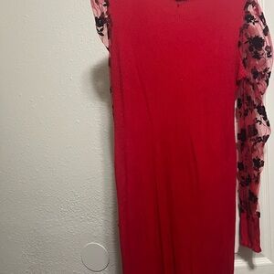 Elegant Red Dress with Floral Sleeves